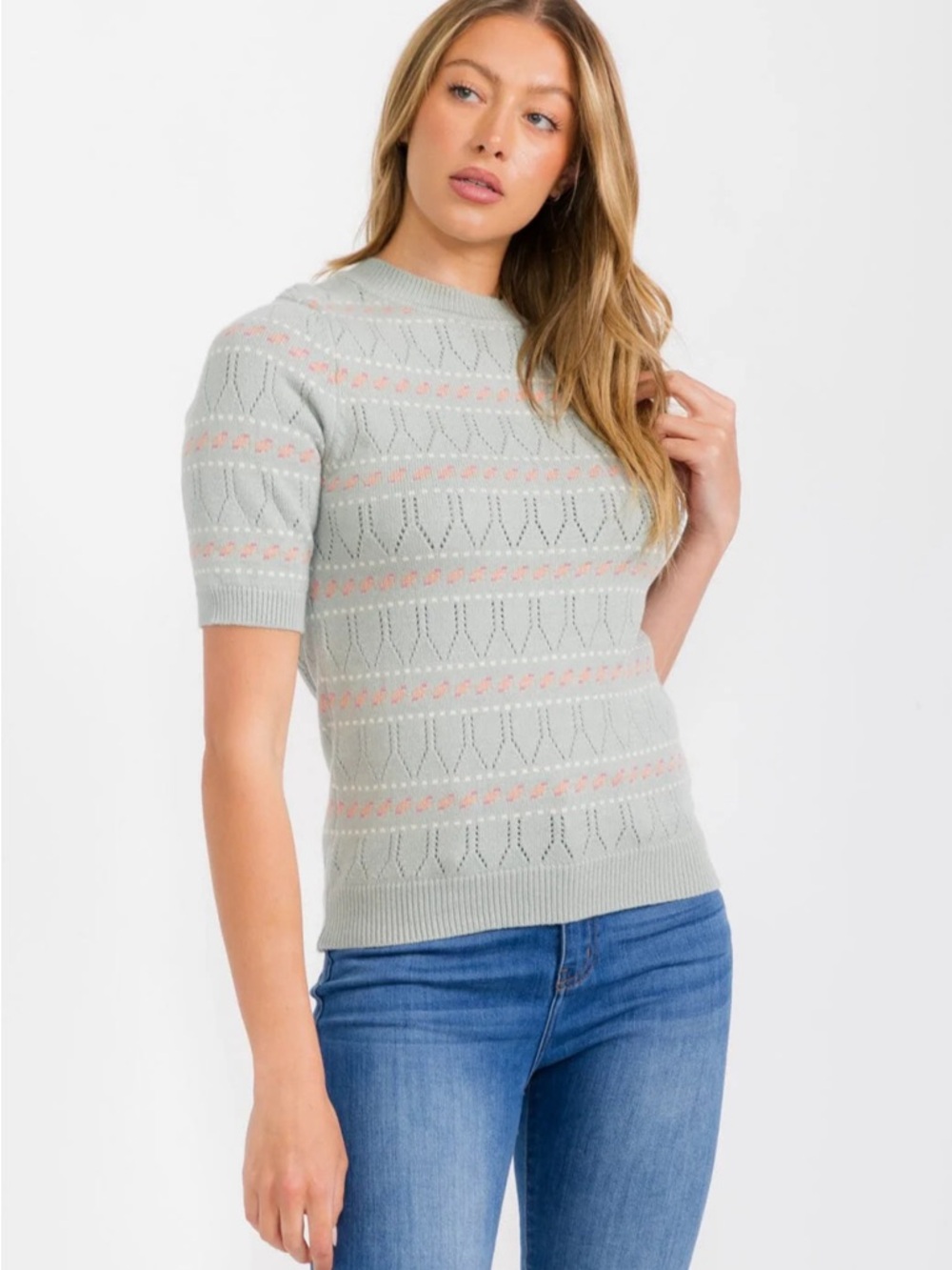 Polagram mint knit sweater with subtle pink and cream accents